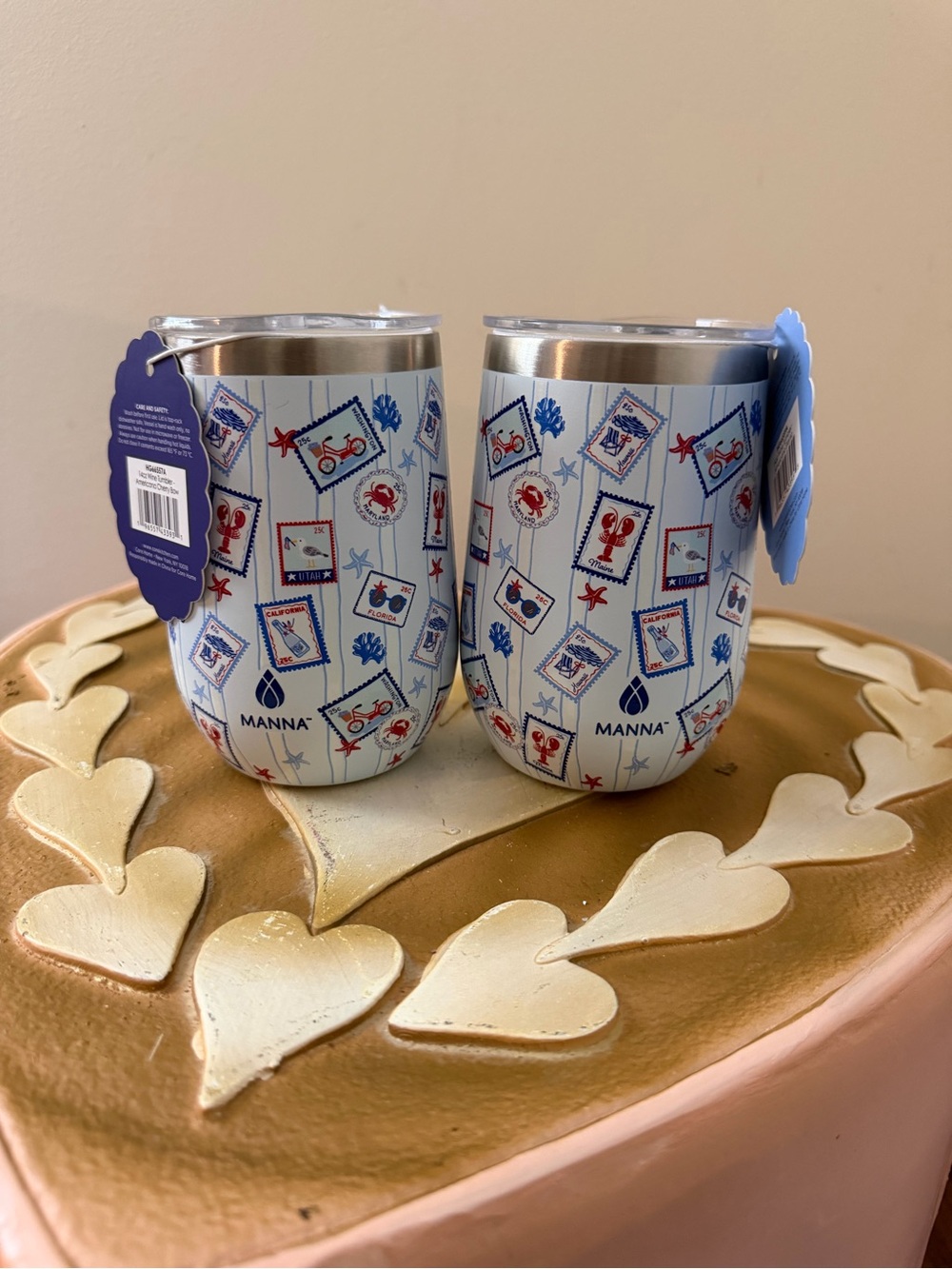 Set of 2 Manna 14 Oz 4th of July Patriotic Lidded Wine Tumblers with Lobsters